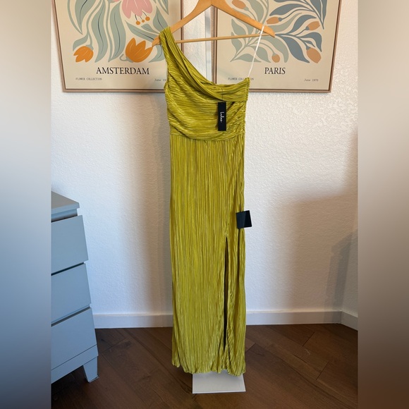 Lulu's Poised Performance Chartreuse Plisse One-Shoulder Maxi Dress - Picture 6 of 9